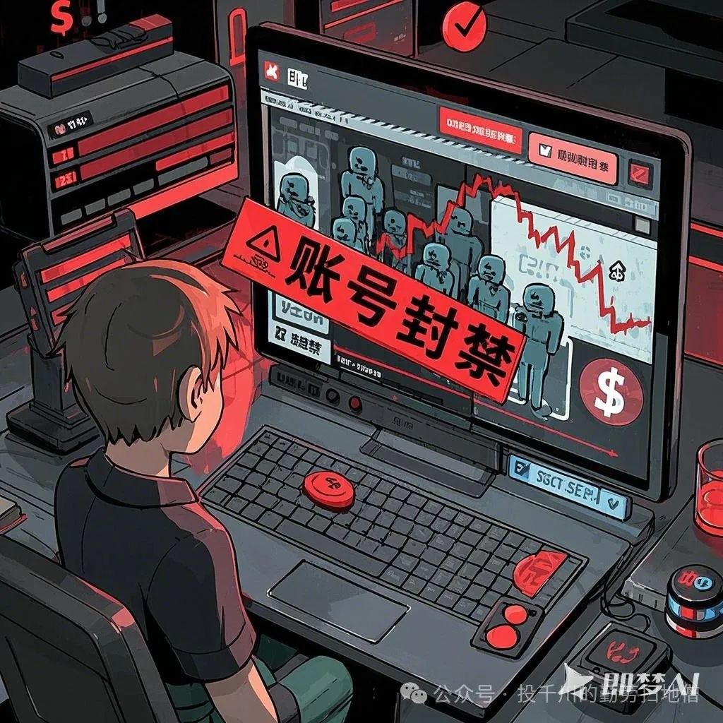 动画风格，虚拟社交媒体平台，账号封禁警告，沮丧的主播，僵尸粉形象，数据图表暴跌，直播设备损坏，金钱符号冻结，红色黑色警示色调，平台警告弹窗，时间轴显示账号衰落过程。.jpeg