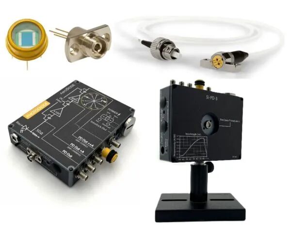 Picture showing 3 different fast InGaAs photodiodes with 2 integrated modules with electronics