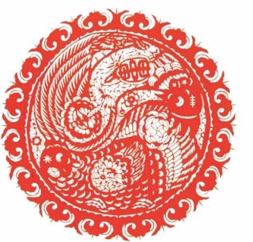 上图的剪纸作品为《双凤朝牡丹》（来源：郭梅源）；下图的剪纸作品为《鸡团花》（来源：魏惠君）