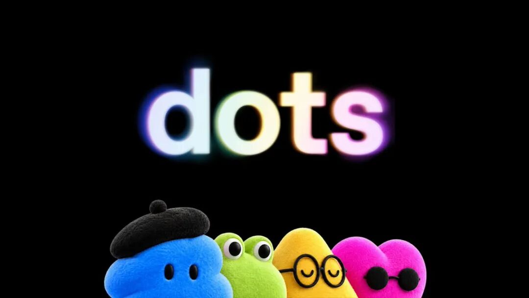 Glowing multicolor dots wordmark above four colorful plush dot characters on a black background.