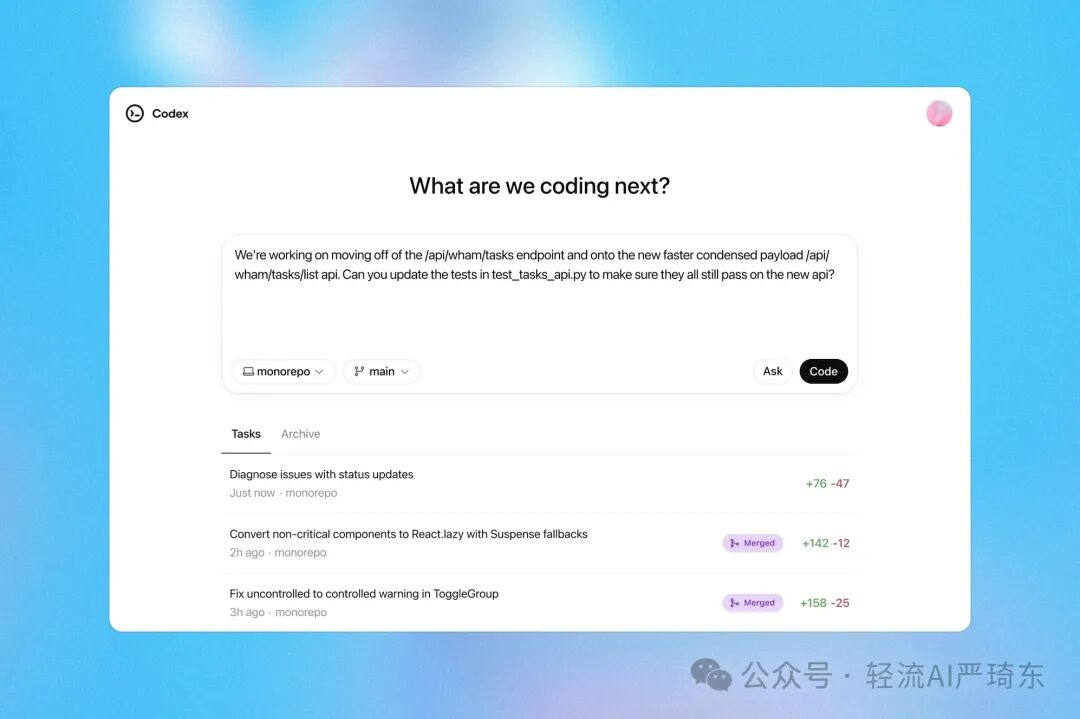 Creating a new task with Codex
