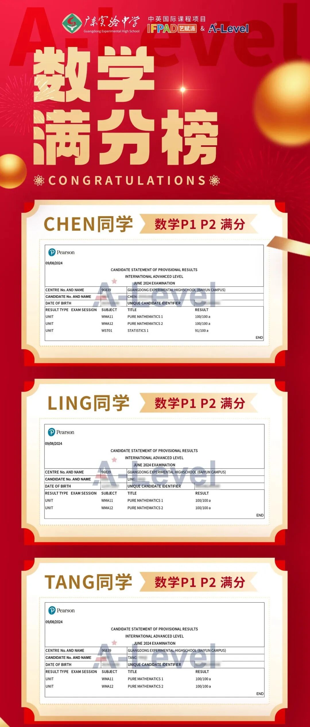  省实A-Level学子部分优异成绩展示1