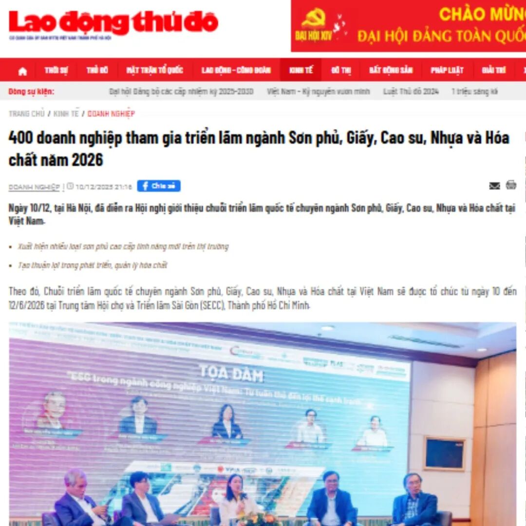可能是顯示的文字是「 Laodongthudo Laođộng thúđo TΗΔΙ THEO Dông DAIHDNKTV gatc LAD BÔNG CÔNs DCÀN TRANG CHU KINH ỘCAC CHÀO MỪN ĐẠI HỘI ĐÁNG TON QUO KINE DGANH GOANHNGHEP NGHEP . BÍT ชนิดย SÀN PHAP HẤT minh DIAI 400 doanh nghiệp tham gia triển lăm ngành Sơn phủ, Giấy, Cao su, Nhựa và Hóa chất năm 2026 DOANHNGHIED 1002/2 27：1き 10/12, ai thiệu chuổi triên ิ chuyên ngành Sơn trang Cao វាផាតពាតិ Nhựa và Chuối lầm quốc 12/6/2025 Trung chuyền ngành Sơn phù, Cao su, Nhụa (SECCL Thành phố Chi Minh tại Việt Nam ฉินุต เที chúc đen จำปกว 九博 李m 」的圖像