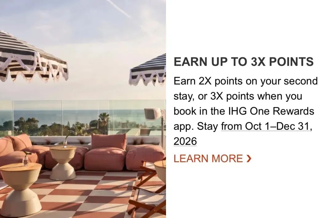 IHG Q4 2026 ： 2x-3x Points on Second Stay via App (Oct–Dec)