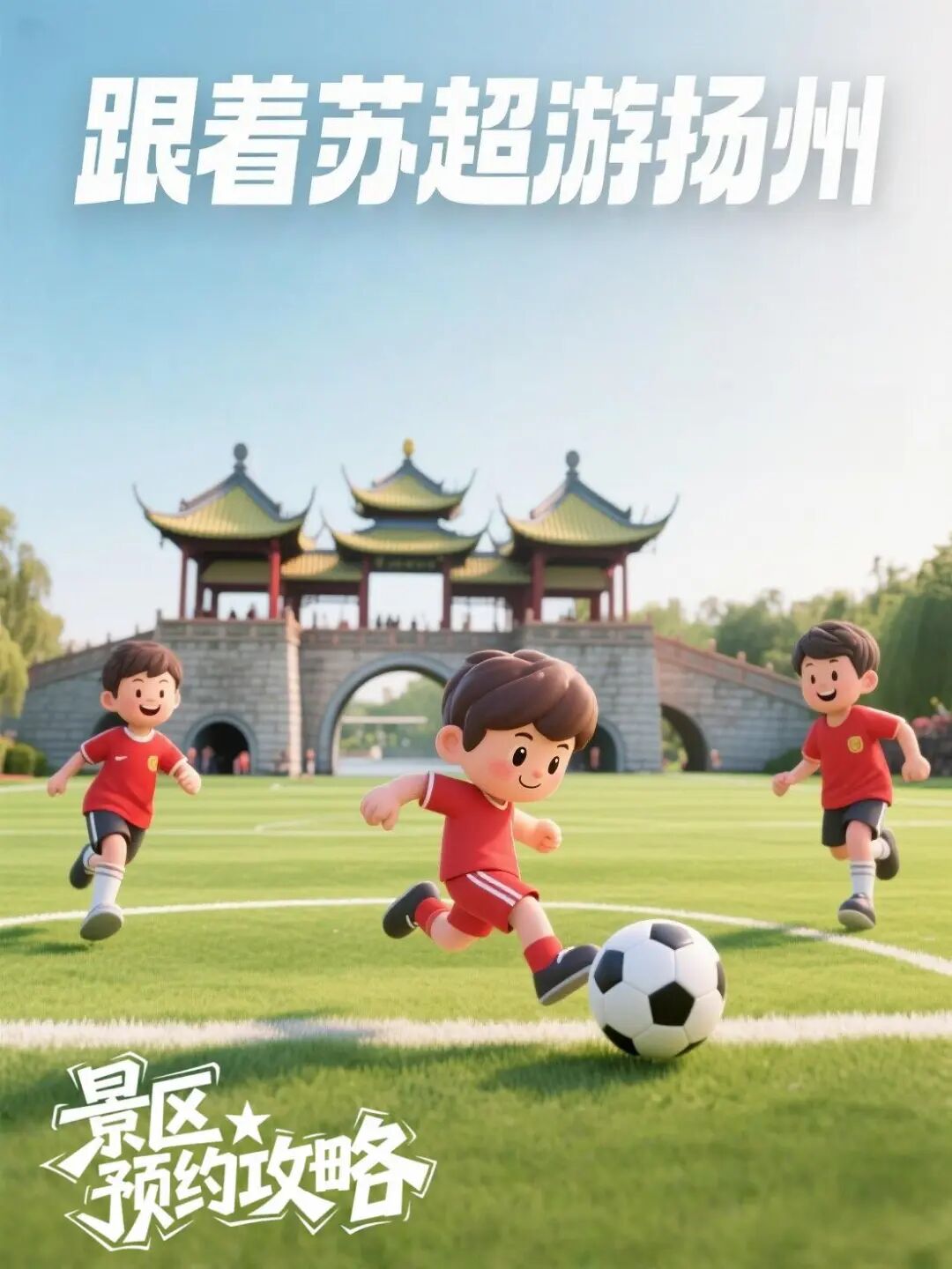jimeng-2025-06-10-49-主题海报：踢球的卡通人物，3D渲染光影，背景扬州五亭桥，极简构图，_跟着苏超游扬州_标题醒目，足球赛场热烈氛围感_副本.jpg