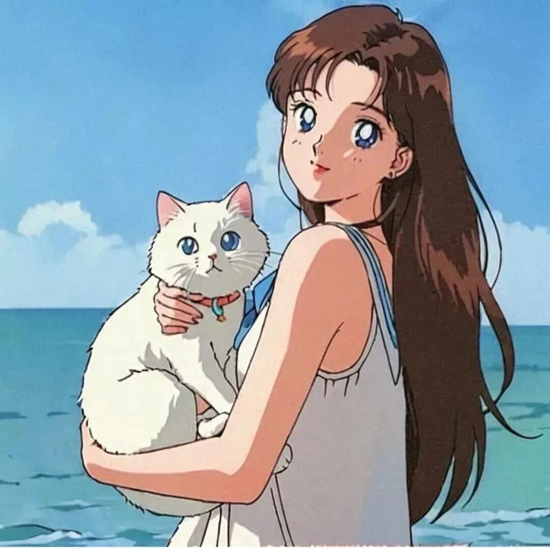 抱着猫咪古早感动漫头像女