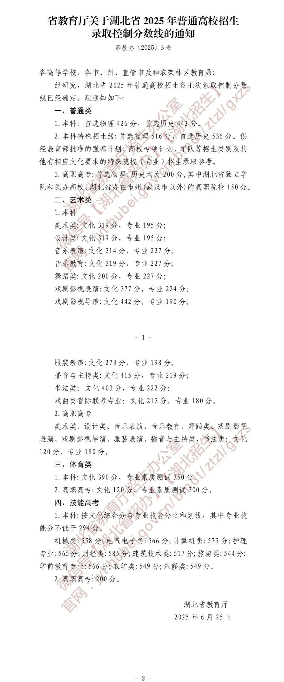湖北2025年高考分数线公布