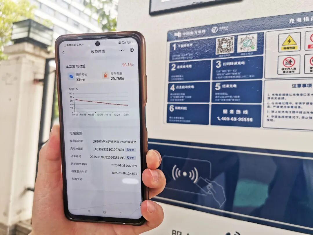 【广东】3月28日，在广州南沙电动汽车综合能源站，新能源车车主参与车网互动，83分钟放电25.76度电，收益90.16元。（姚纯铭 摄）.jpg