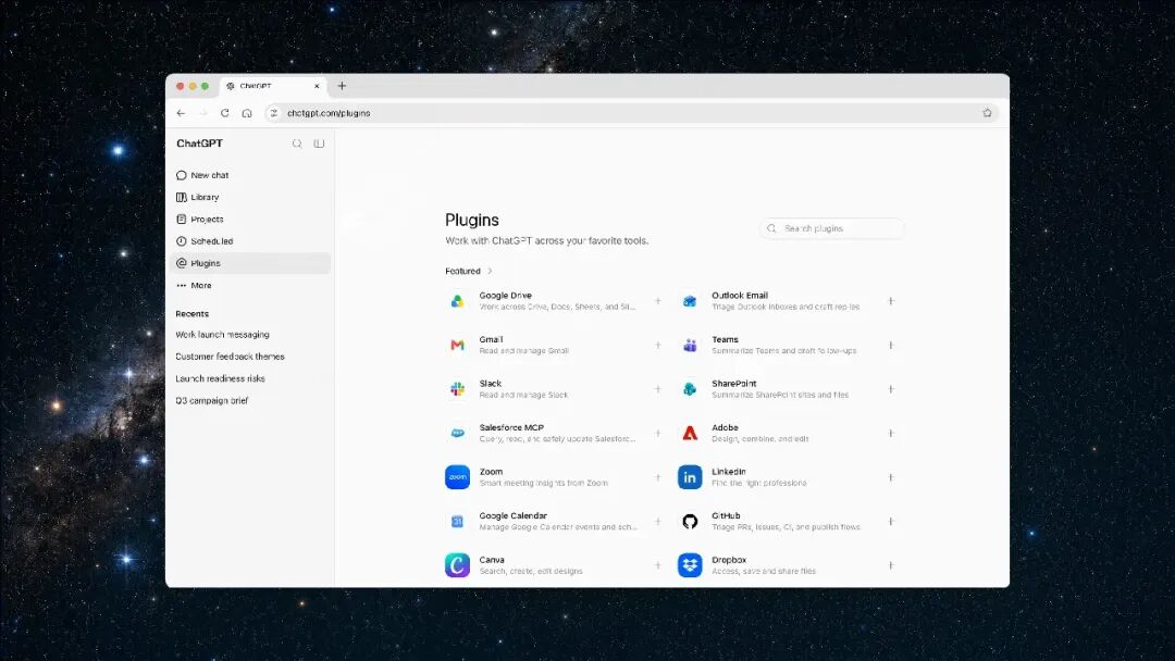 ChatGPT plugins directory showing connected tools including Google Drive, Outlook Email, Gmail, Teams, Slack, SharePoint, Salesforce, and Adobe Acrobat.