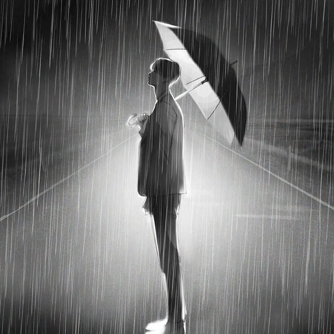 黑白孤独感撑伞下雨动漫头像男