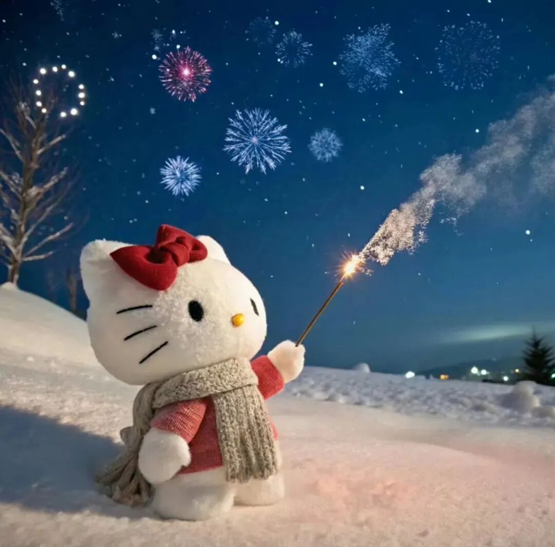 新年烟花三丽鸥kt猫朋友圈背景图