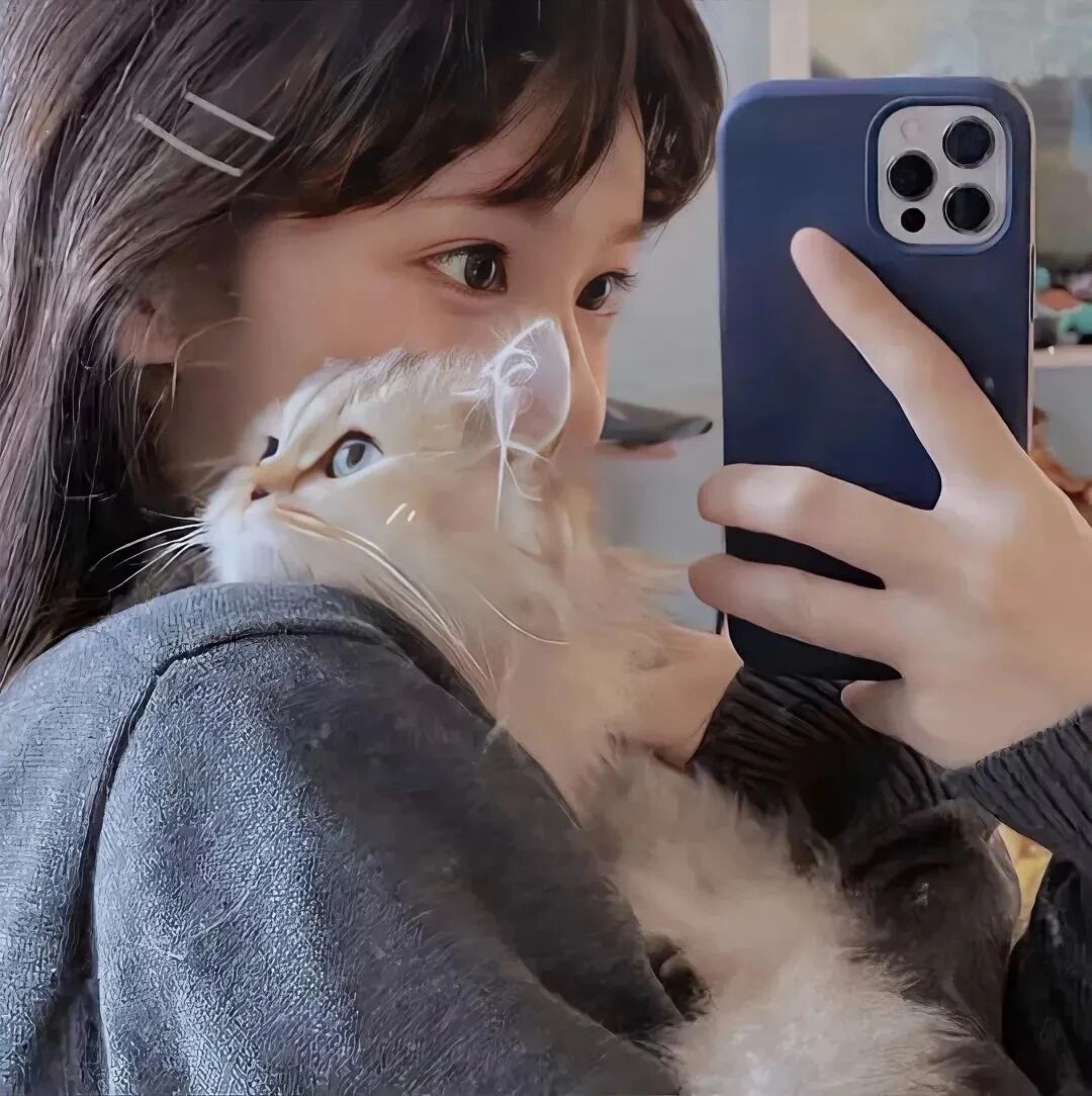 抱着猫咪自拍手机小众女生头像