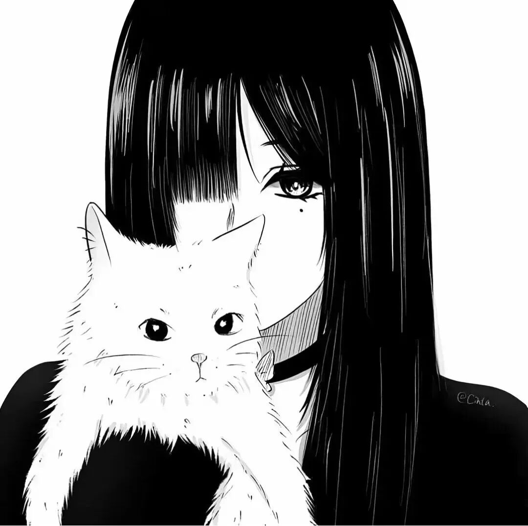 抱着猫咪黑白动漫头像女