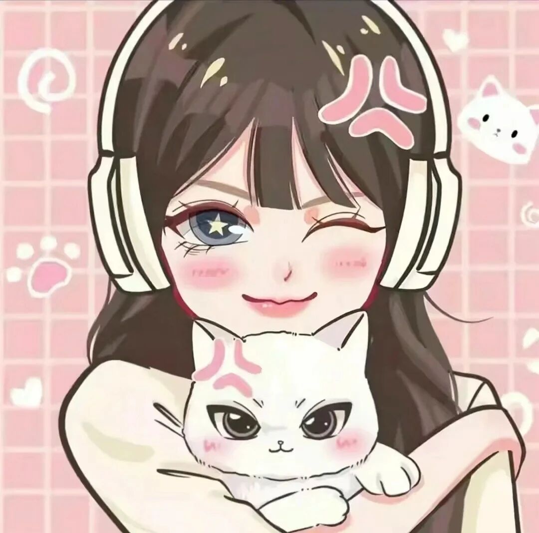 戴耳机抱着猫咪甜妹手绘动漫头像女
