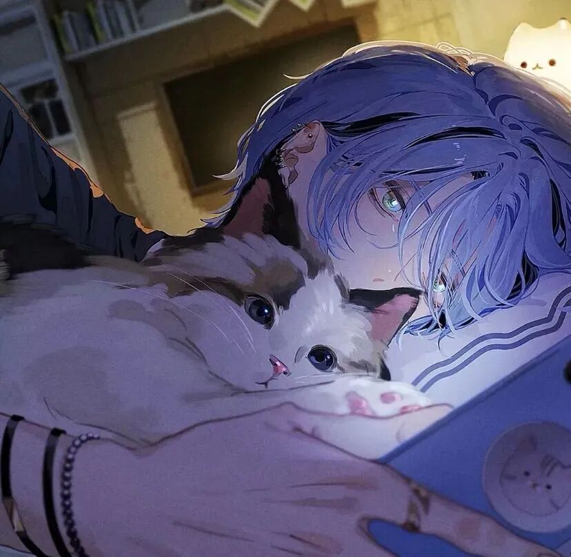 抱着猫咪孤独感动漫头像男