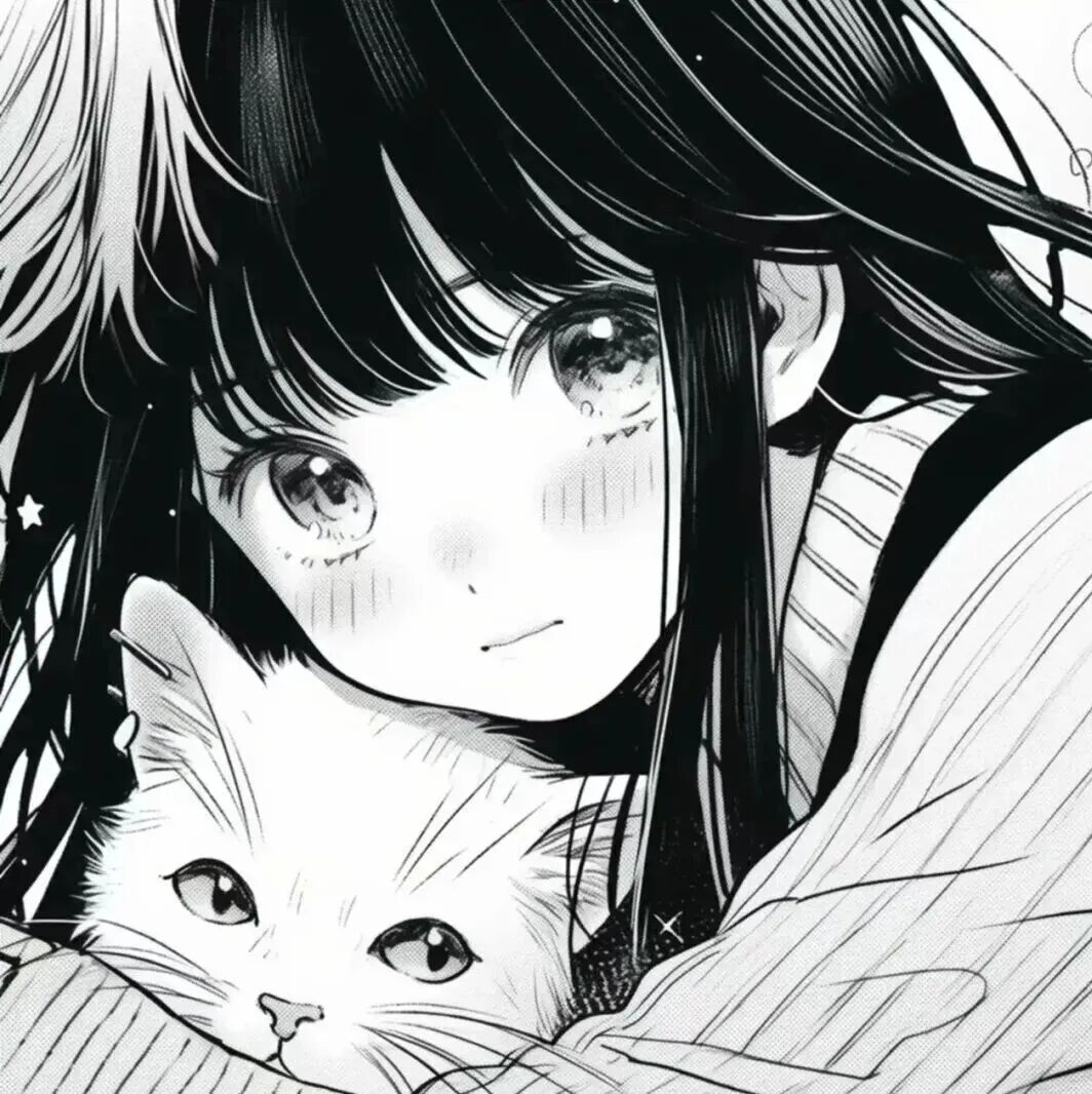 抱着猫咪黑白动漫头像女