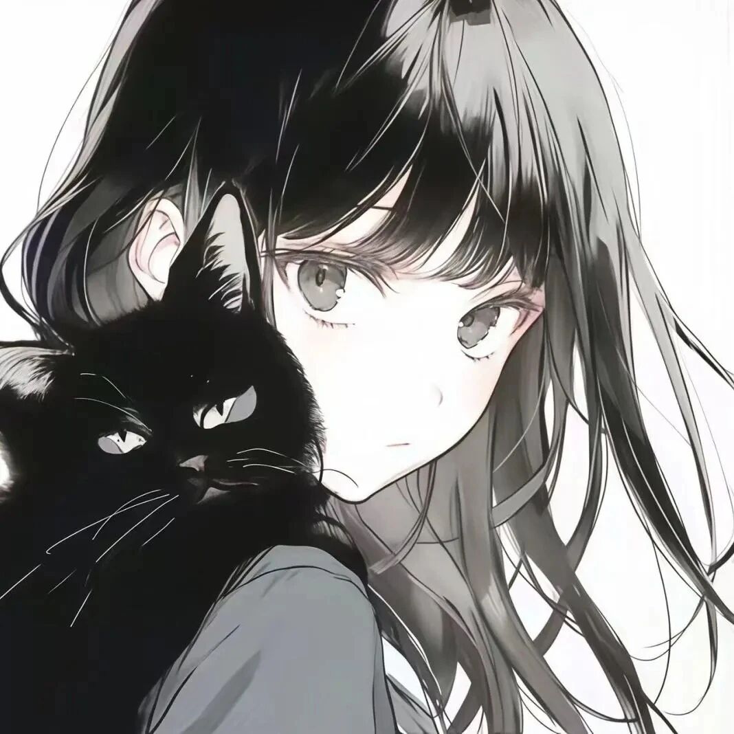 抱着猫咪黑白动漫头像女