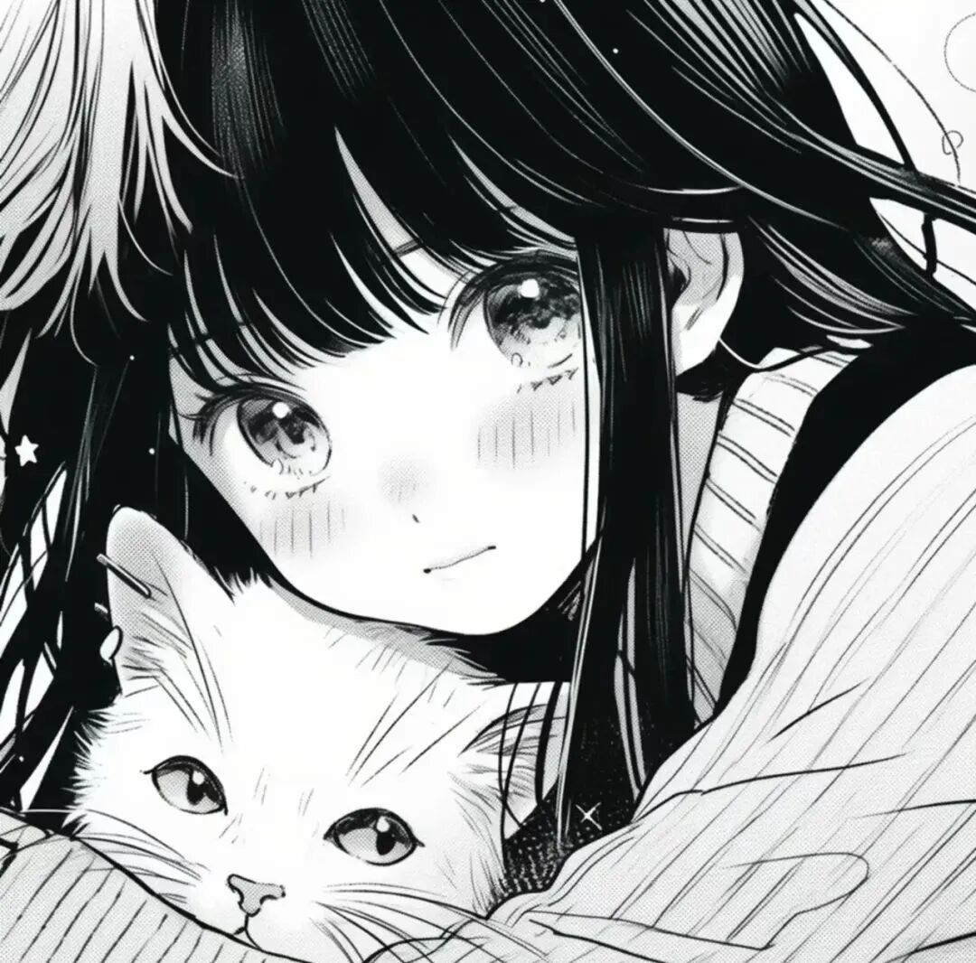 抱着猫咪黑白动漫头像女