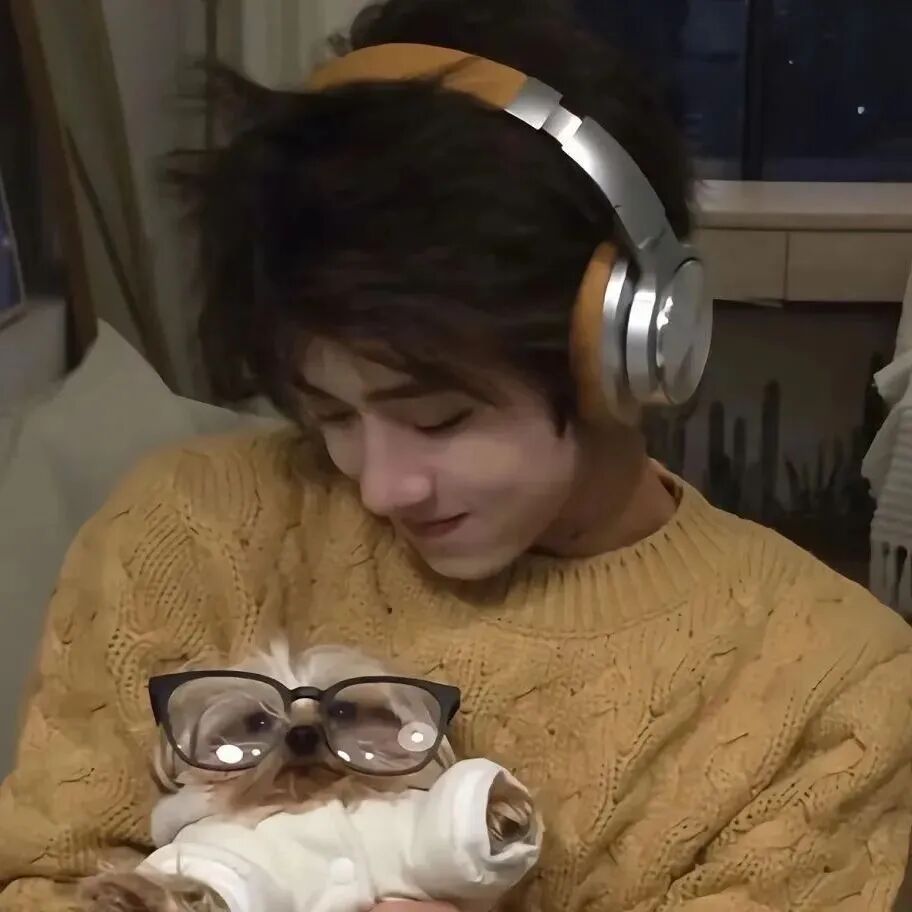抱着狗狗戴耳机帅气男生头像