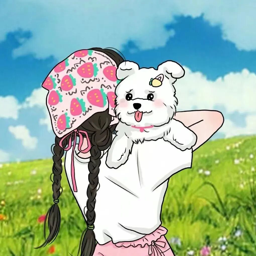 抱着狗狗手绘动漫头像女
