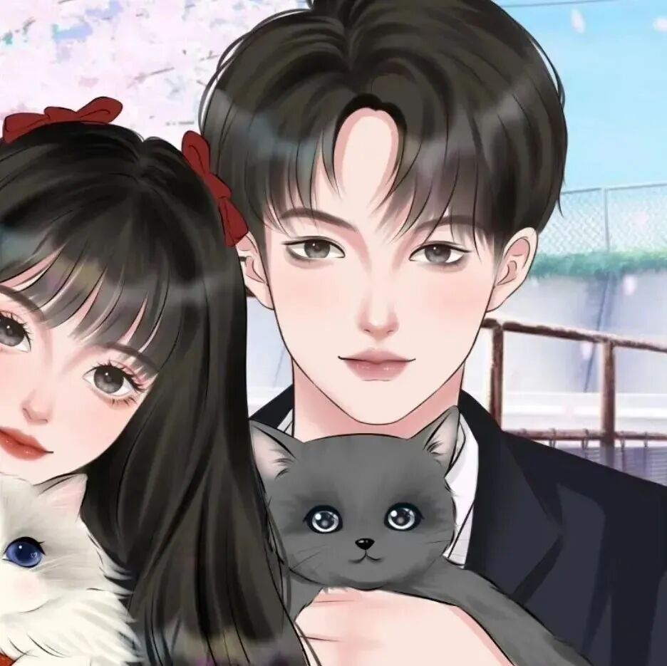 shouhuitianbaolove抱着猫咪手绘情侣头像