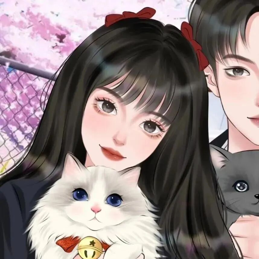 shouhuitianbaolove抱着猫咪手绘情侣头像