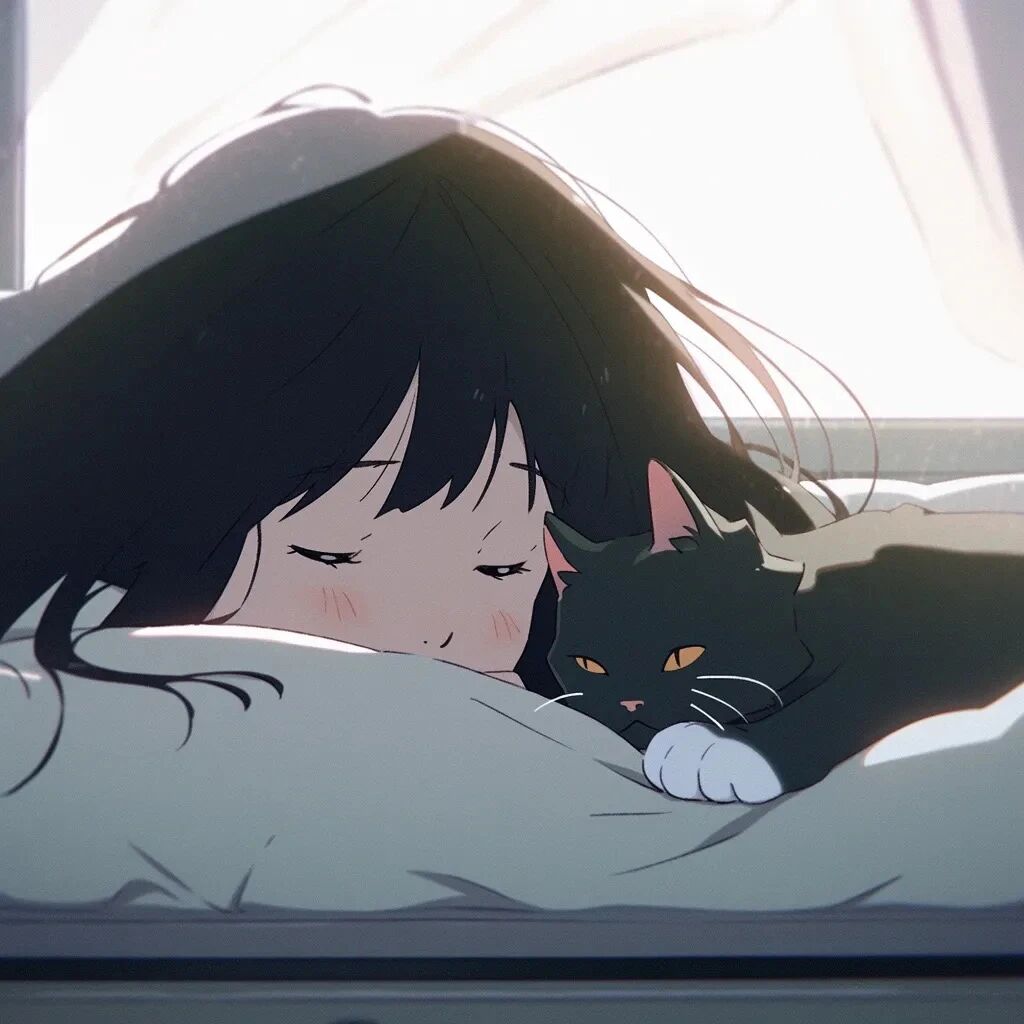 抱着猫咪唯美治愈早安动漫头像女