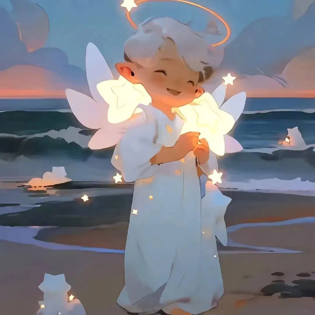 唯美海边抱着星星动漫情侣头像