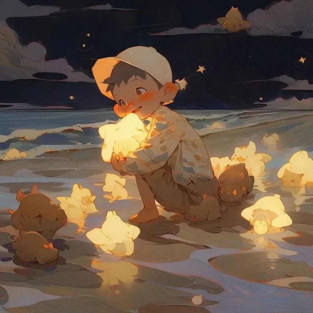 唯美海边抱着星星动漫情侣头像
