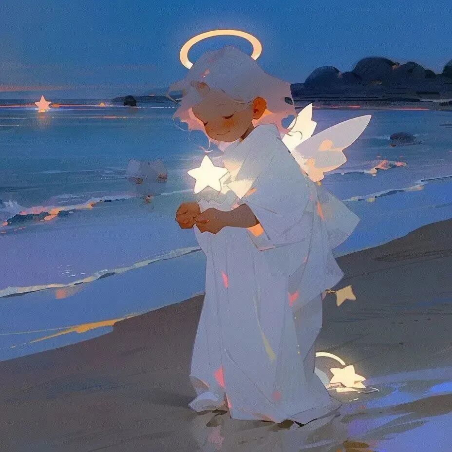 唯美海边抱着星星动漫情侣头像