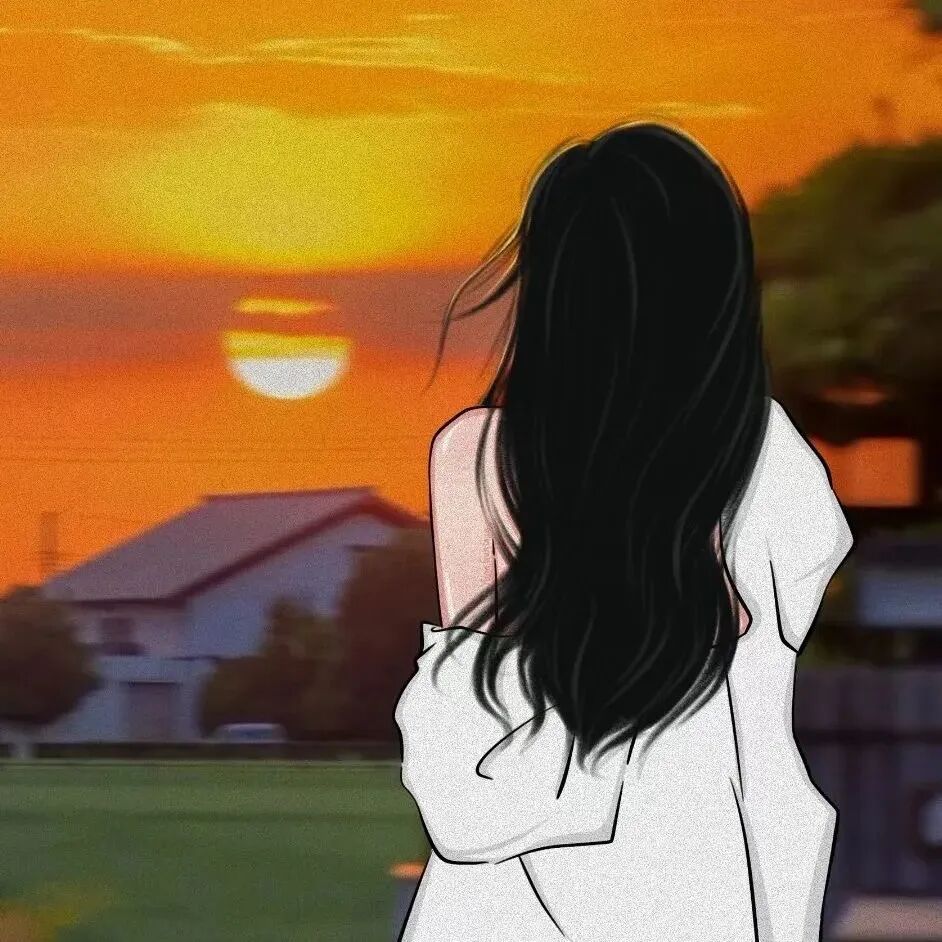 手绘日落动漫情侣头像