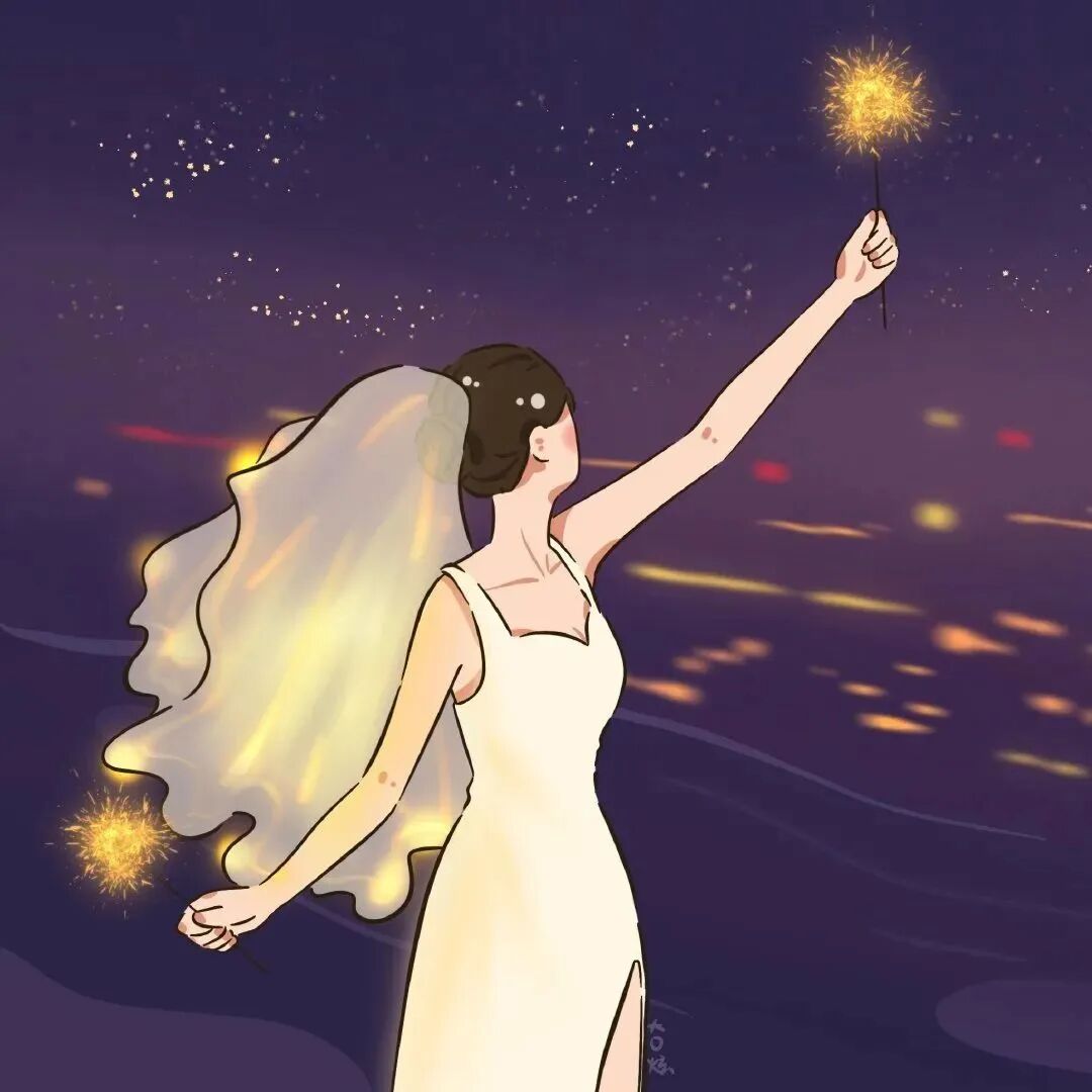 婚纱烟花手绘情侣头像