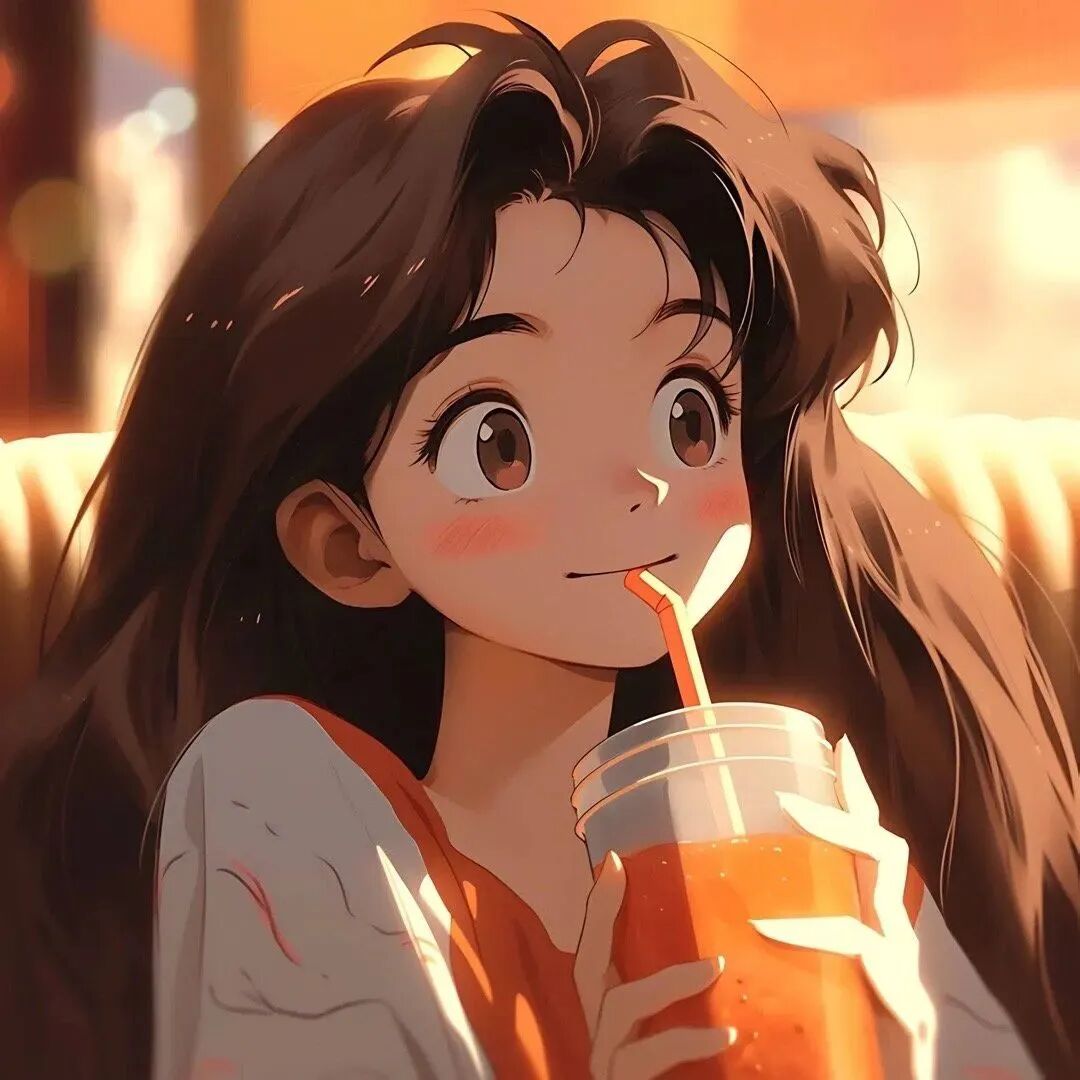 喝饮料唯美动漫头像女