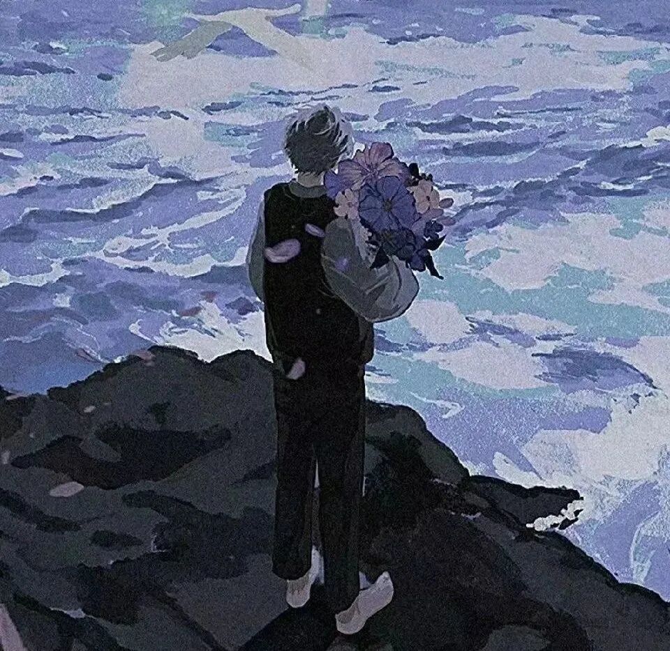 鲜花孤独感海边插画动漫头像男