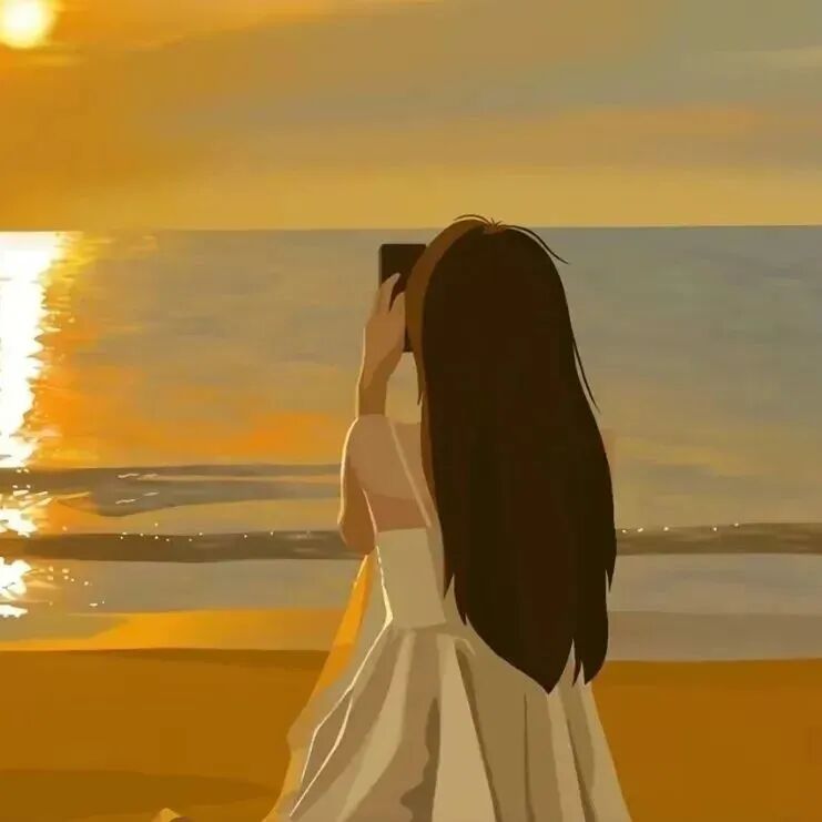 手绘海边日落动漫情侣头像