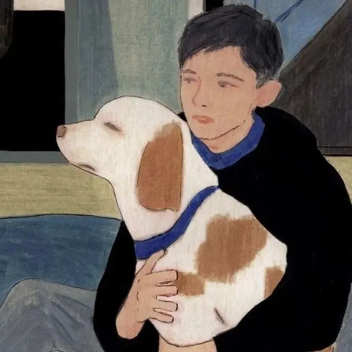 插画抱着狗狗动漫头像男