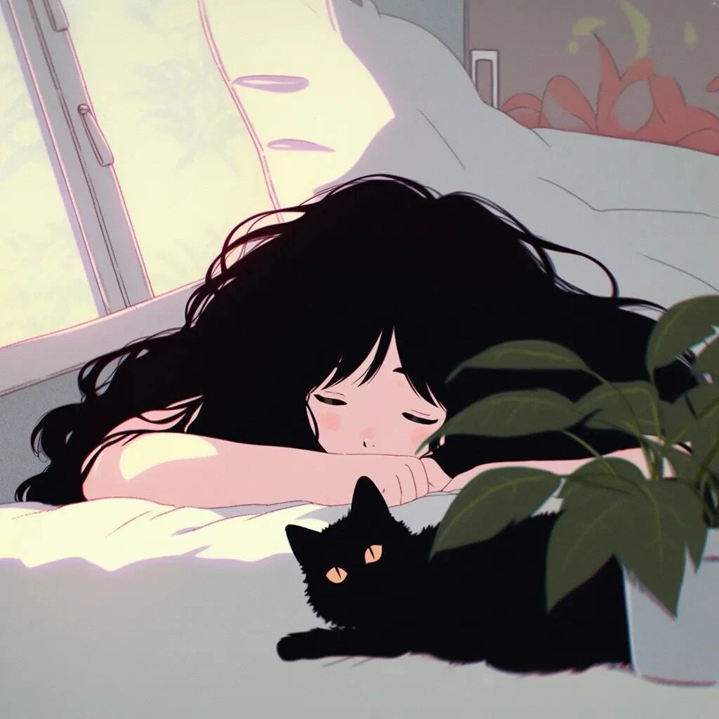 抱着猫咪唯美治愈早安动漫头像女