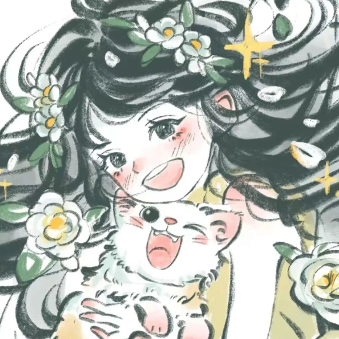 抱着猫咪可爱手绘二人闺蜜头像动漫闺蜜头像