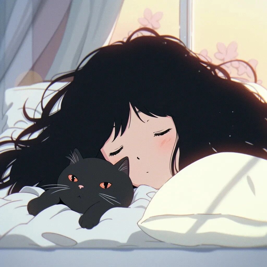 抱着猫咪唯美治愈早安动漫头像女