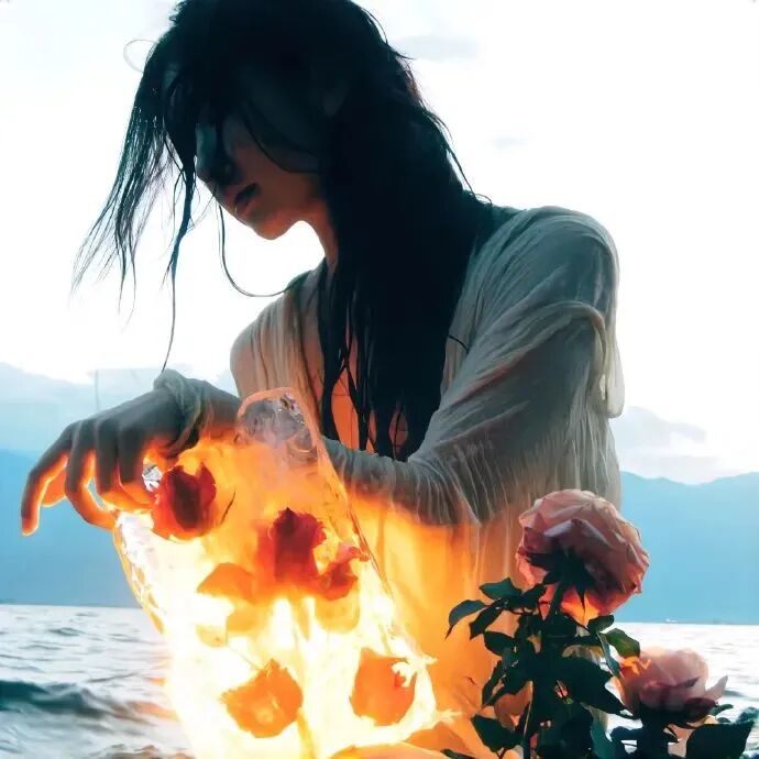 鲜花女生头像氛围感海边侧脸女生头像