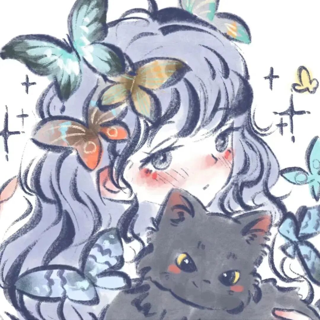 抱着猫咪可爱手绘二人闺蜜头像动漫闺蜜头像