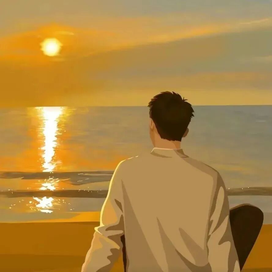 手绘海边日落动漫情侣头像