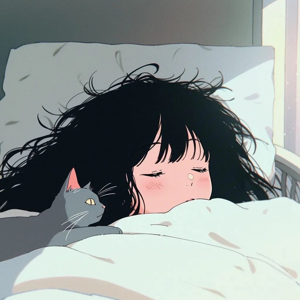 抱着猫咪唯美治愈早安动漫头像女