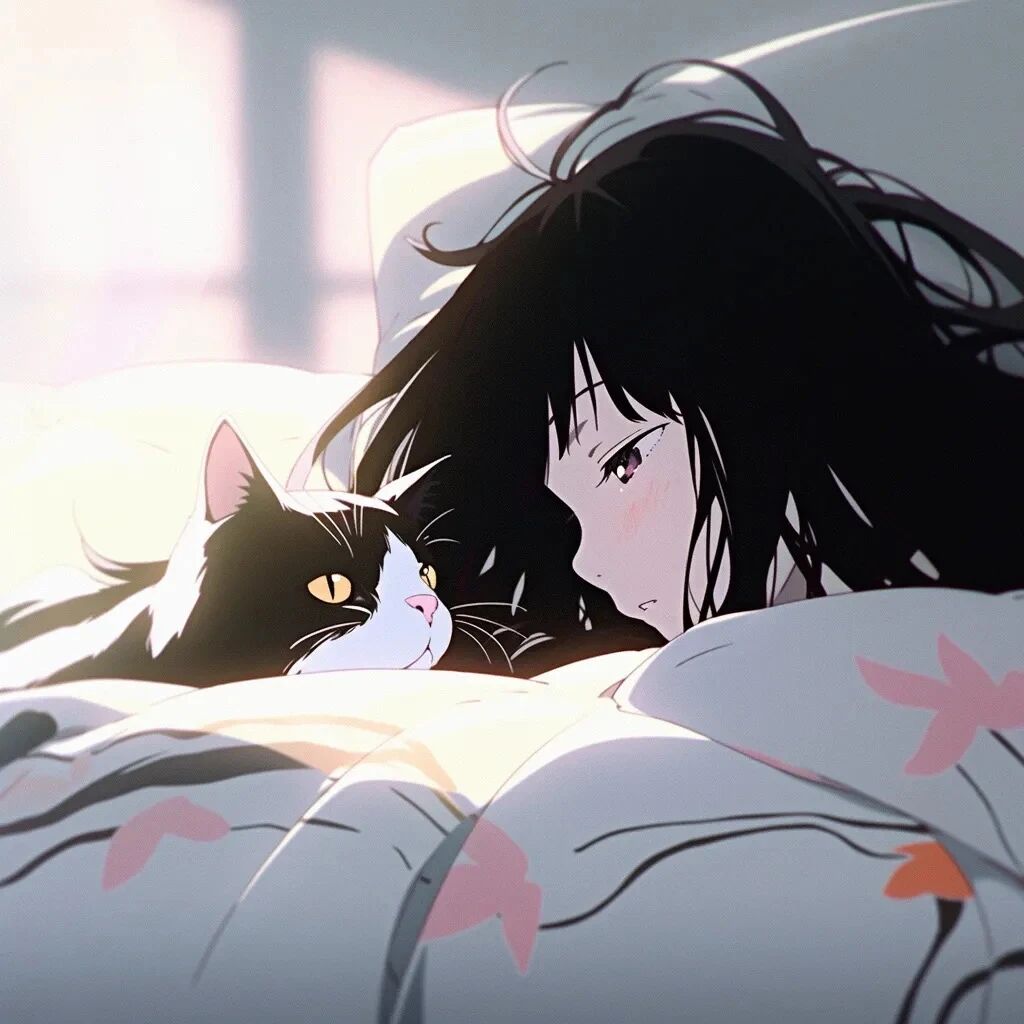 抱着猫咪唯美治愈早安动漫头像女