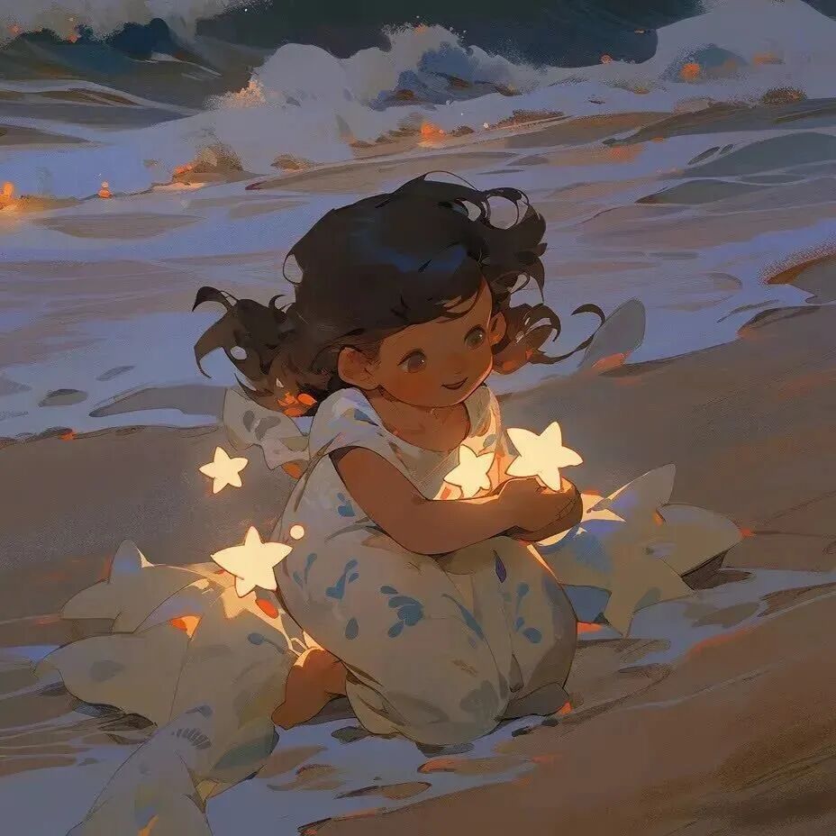 唯美海边抱着星星动漫情侣头像