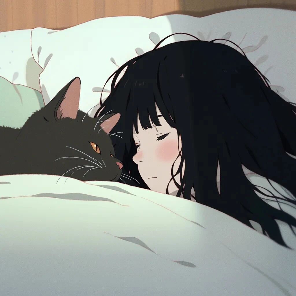 抱着猫咪唯美治愈早安动漫头像女