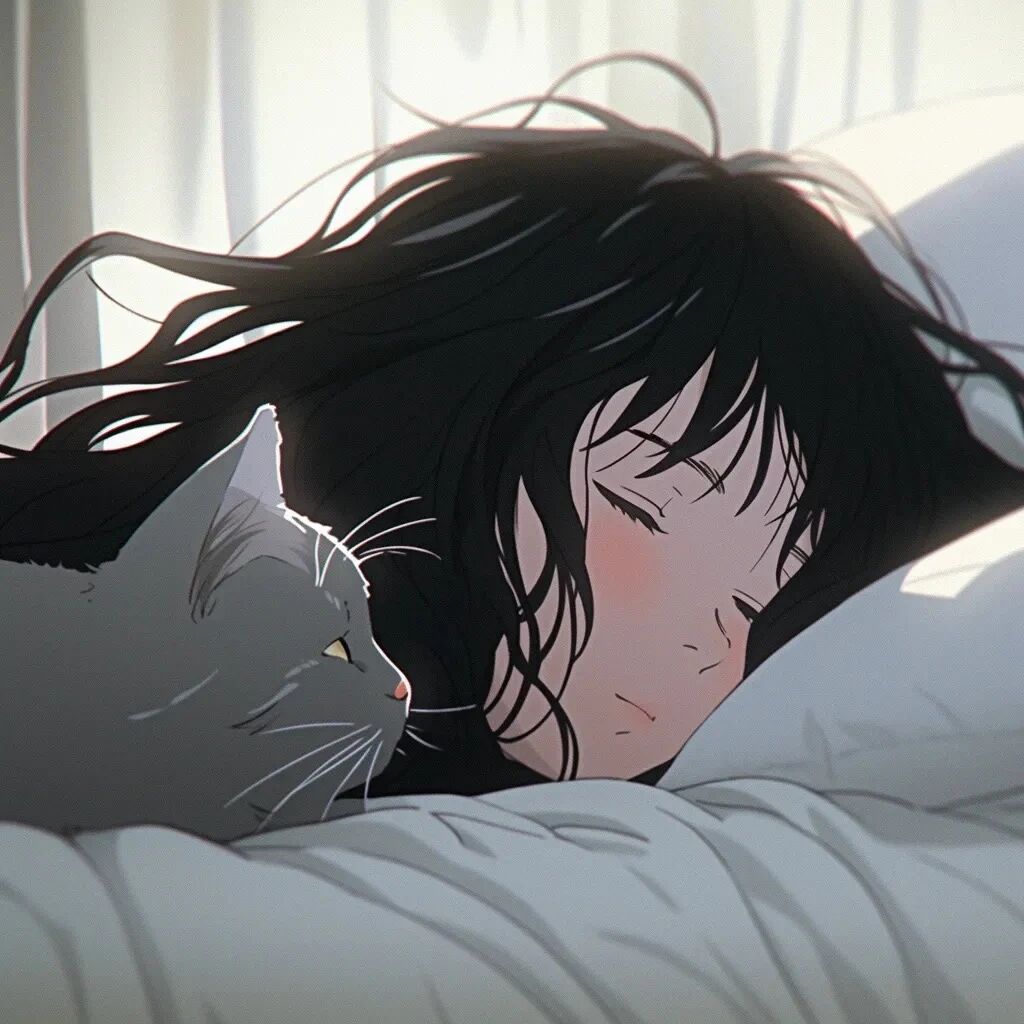 抱着猫咪唯美治愈早安动漫头像女