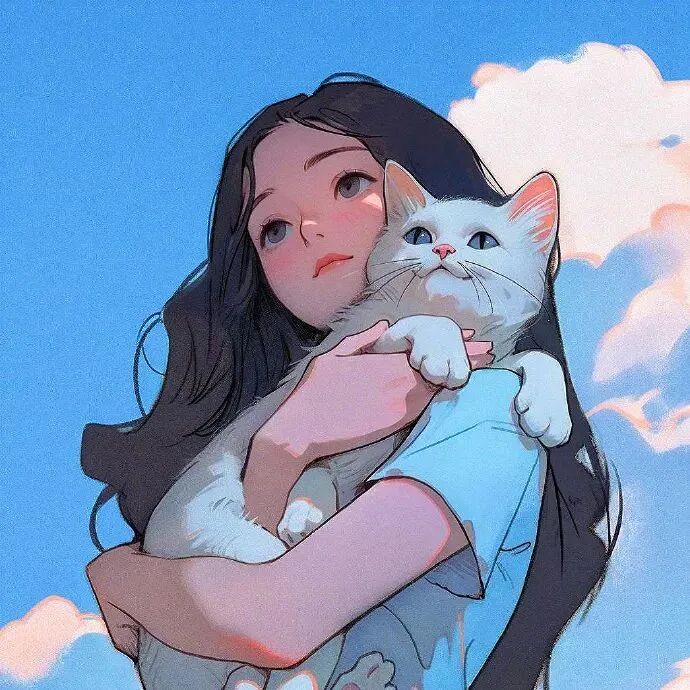 唯美治愈抱着猫咪动漫头像女