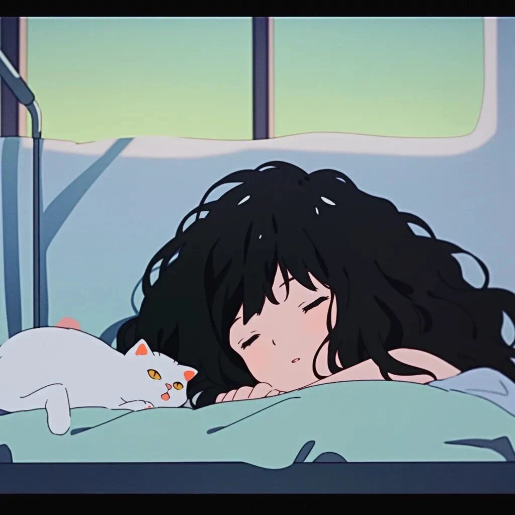 抱着猫咪唯美治愈早安动漫头像女