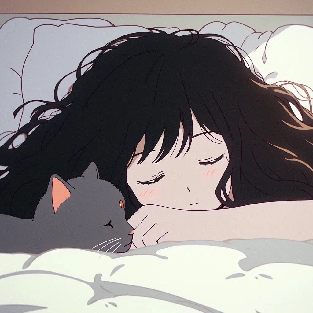 抱着猫咪唯美治愈早安动漫头像女